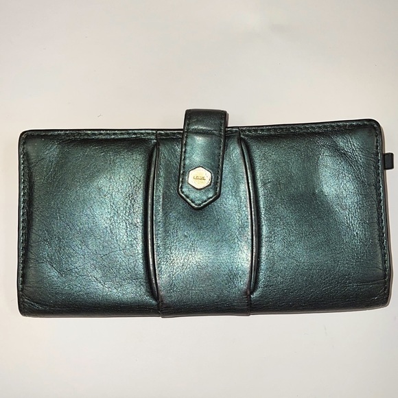 Lodis Green Metallic Leather Snap Clutch Wallet - Picture 1 of 10